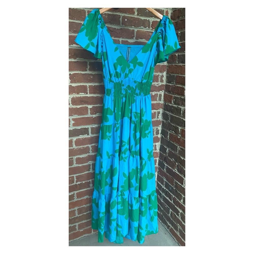 Anthropologie Blue & Green Floral Tiered Midi Dress - Picture 6 of 14